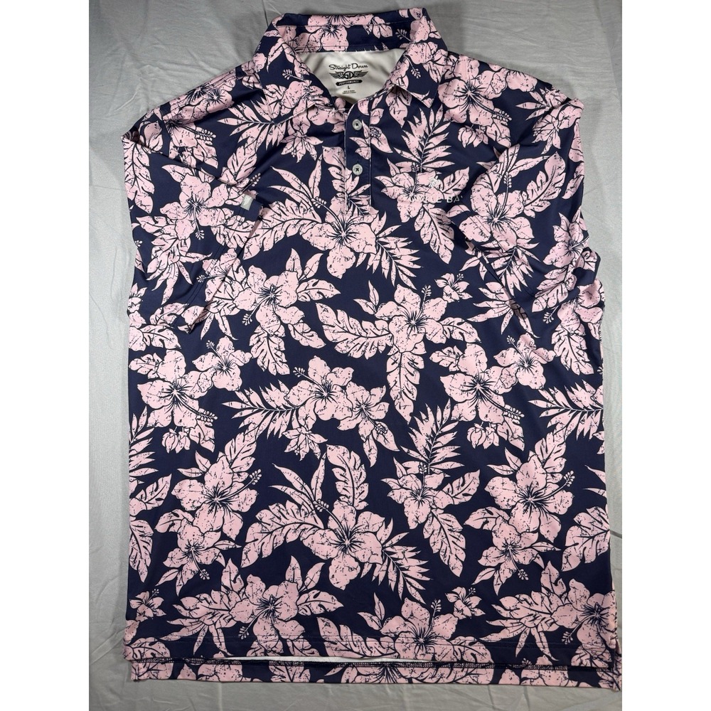 Straight Down Performance Men's Blue & Pink Floral Short Sleeve Polo Size Large